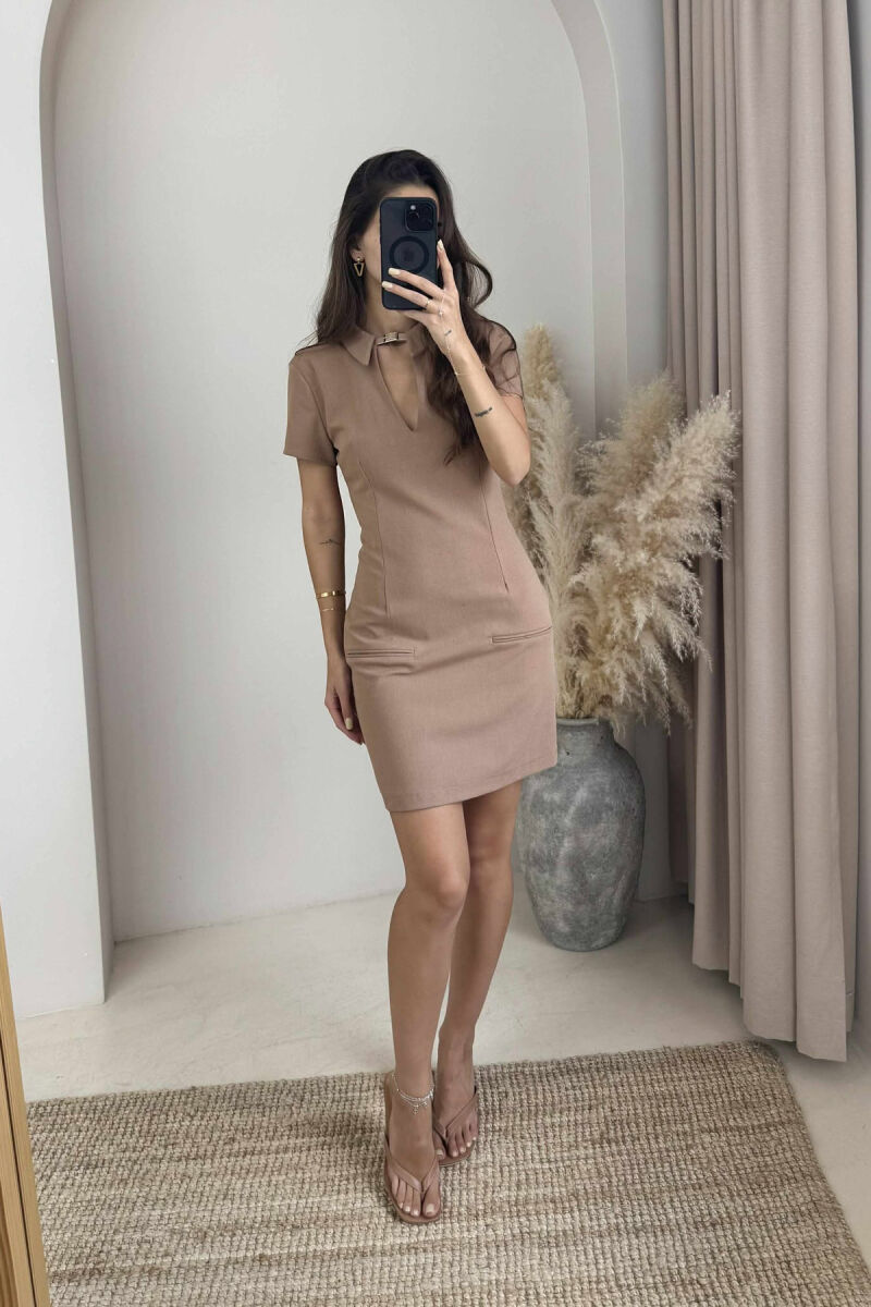 V NECK ONE COLOR WOMEN DRESS LIGHT BROWN/KAZB - 2