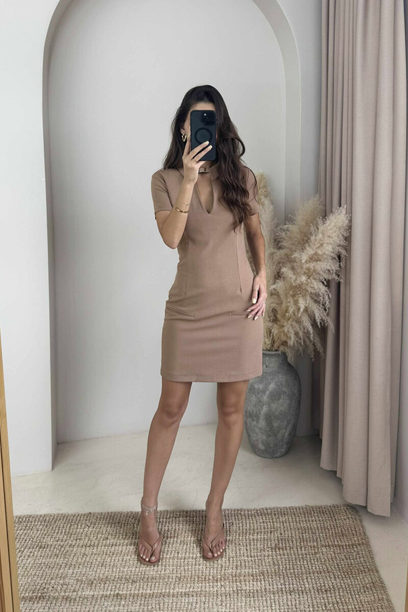 V NECK ONE COLOR WOMEN DRESS LIGHT BROWN/KAZB - 4