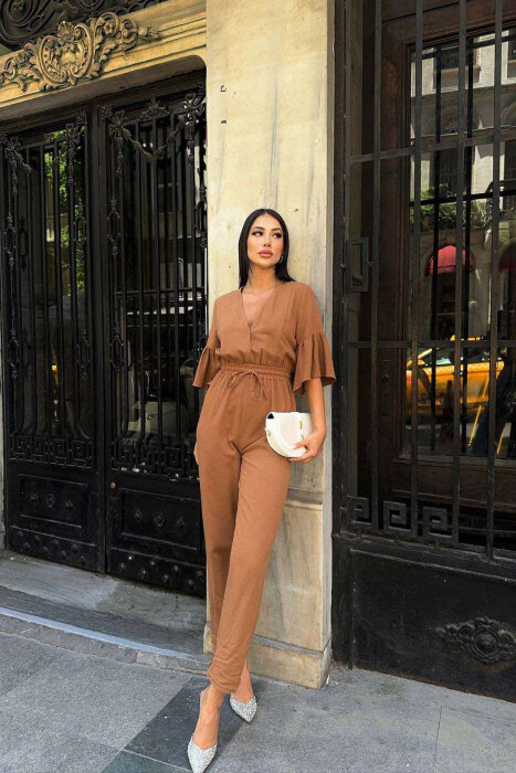 V NECK ONE COLOR WOMEN JUMPSUIT BROWN/KAFE 
