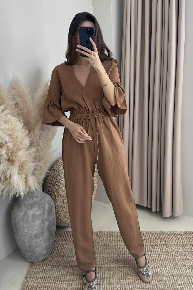 V NECK ONE COLOR WOMEN JUMPSUIT BROWN/KAFE - 1