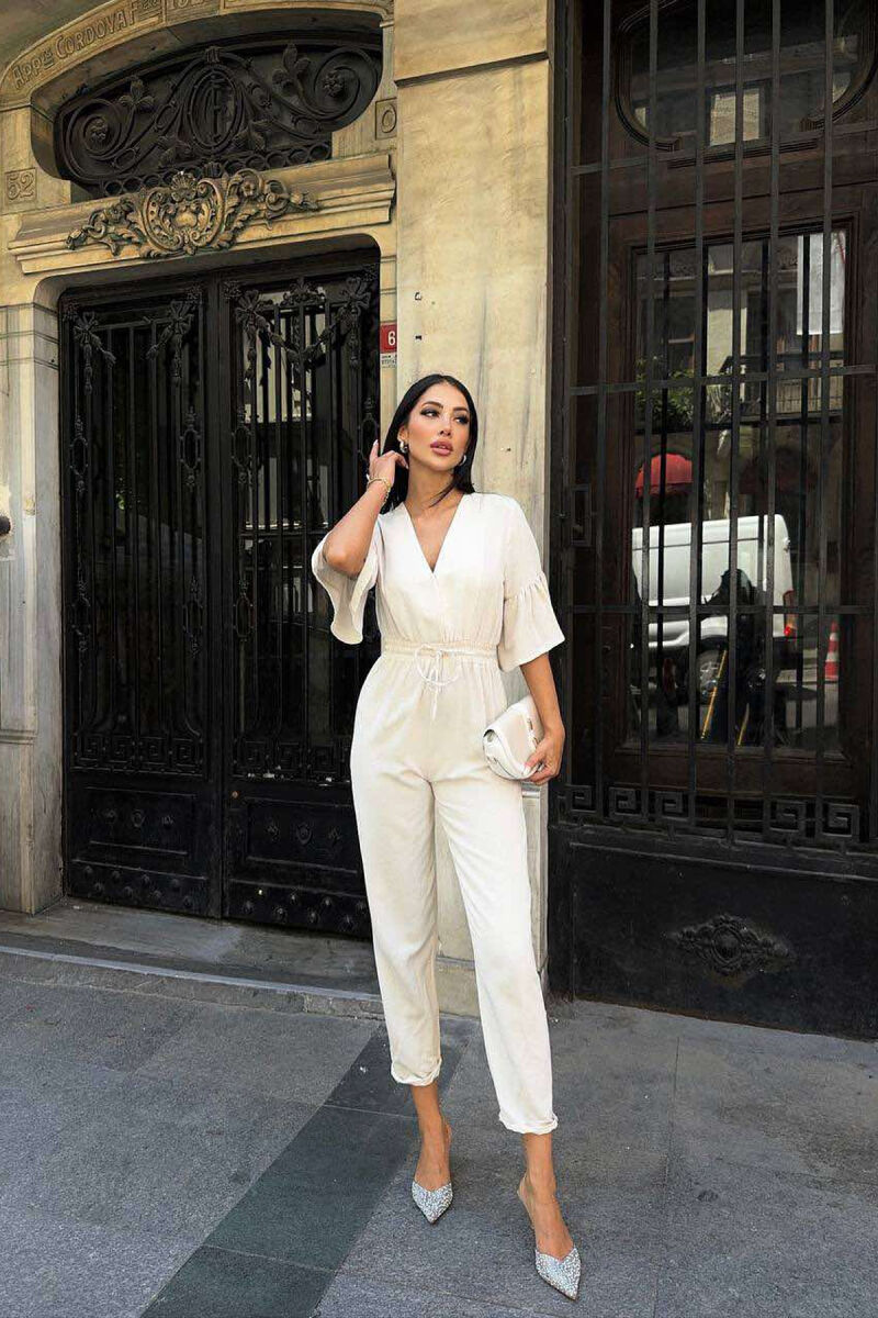 V NECK ONE COLOR WOMEN JUMPSUIT CREAM/KREM - 1