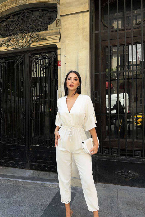 V NECK ONE COLOR WOMEN JUMPSUIT CREAM/KREM - 3