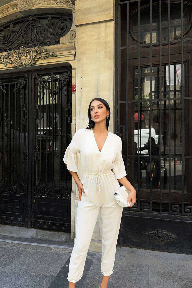 V NECK ONE COLOR WOMEN JUMPSUIT CREAM/KREM - 4