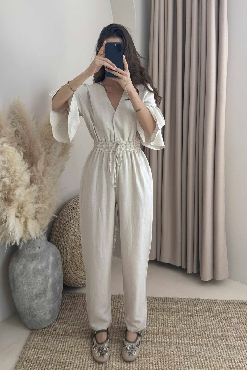 V NECK ONE COLOR WOMEN JUMPSUIT CREAM/KREM - 1