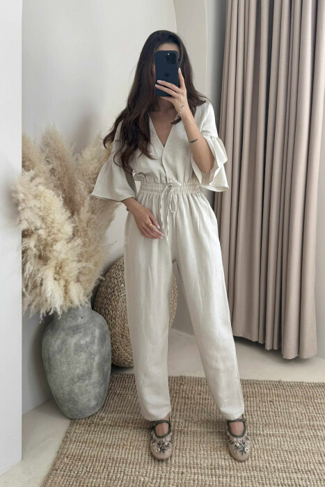 V NECK ONE COLOR WOMEN JUMPSUIT CREAM/KREM - 3