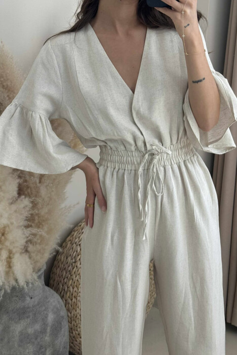 V NECK ONE COLOR WOMEN JUMPSUIT CREAM/KREM - 5