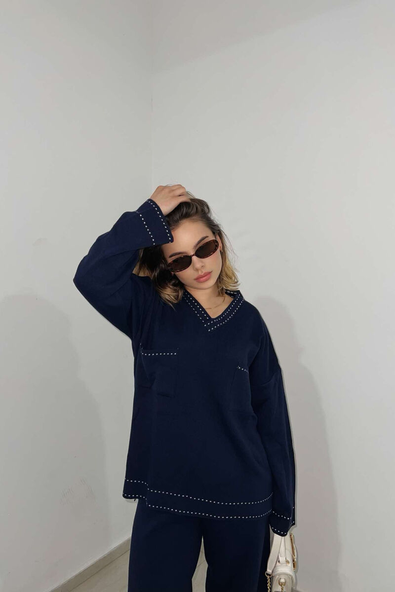 V NECK ONE COLOR WOMEN KNIT SET DARK BLUE/BEE - 3