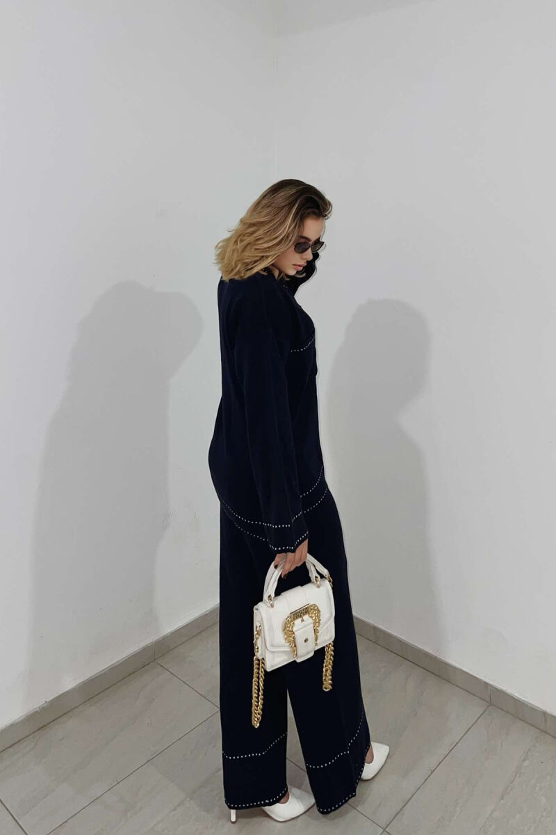 V NECK ONE COLOR WOMEN KNIT SET DARK BLUE/BEE - 5