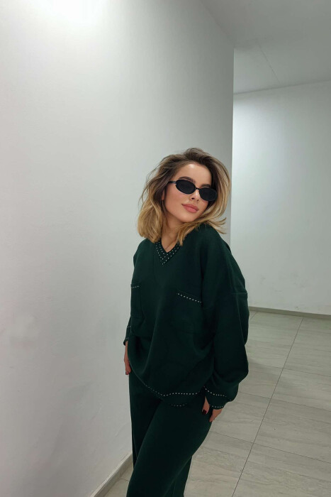 V NECK ONE COLOR WOMEN KNIT SET DARK GREEN/JEE 