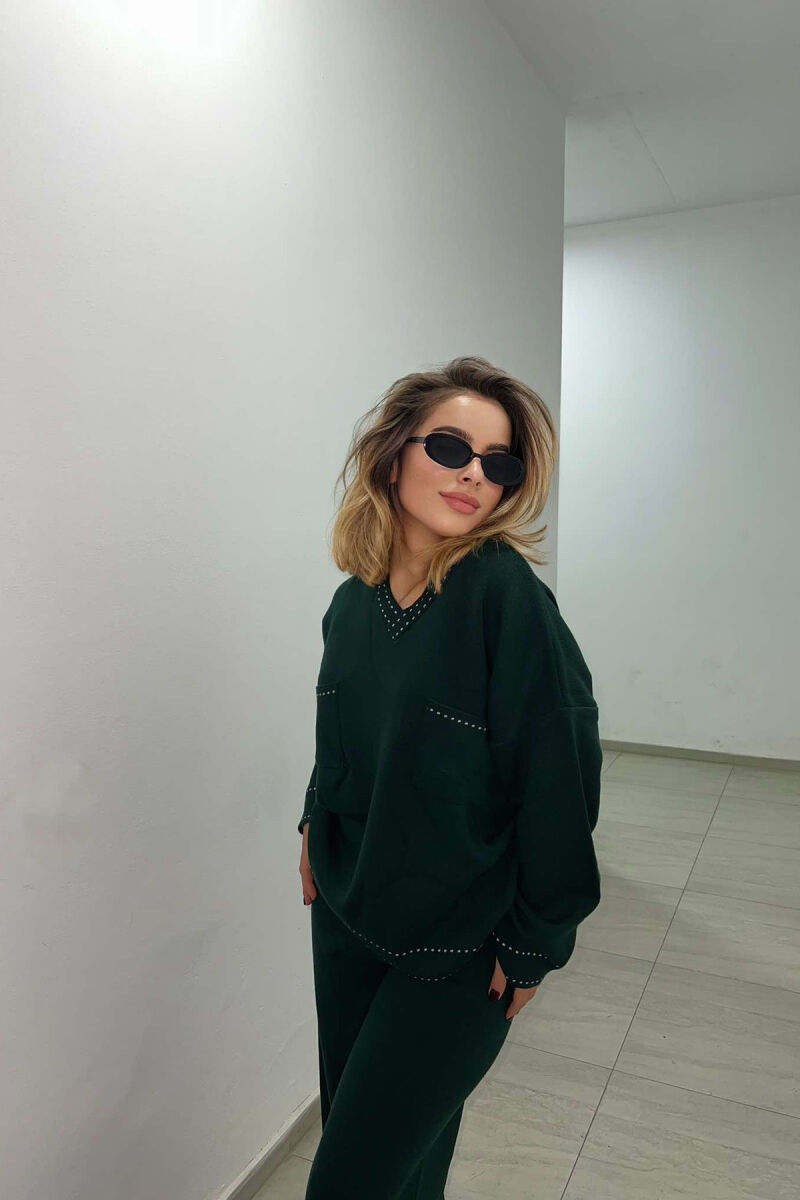 V NECK ONE COLOR WOMEN KNIT SET DARK GREEN/JEE - 1