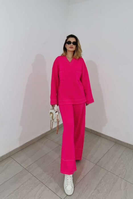 V NECK ONE COLOR WOMEN KNIT SET PINK/ROZE - 1