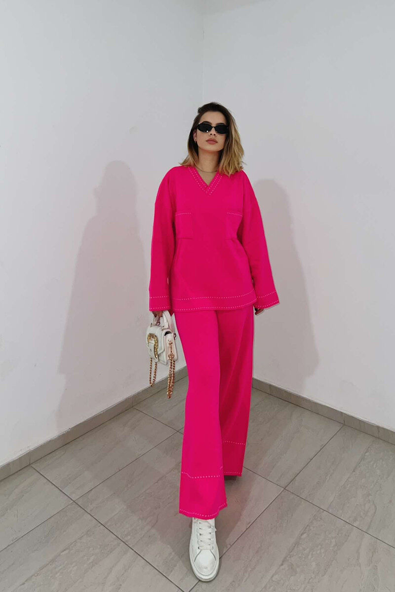 V NECK ONE COLOR WOMEN KNIT SET PINK/ROZE - 1