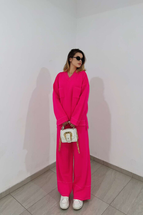 V NECK ONE COLOR WOMEN KNIT SET PINK/ROZE - 2