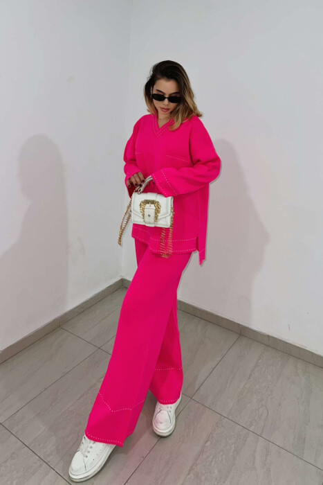 V NECK ONE COLOR WOMEN KNIT SET PINK/ROZE - 3