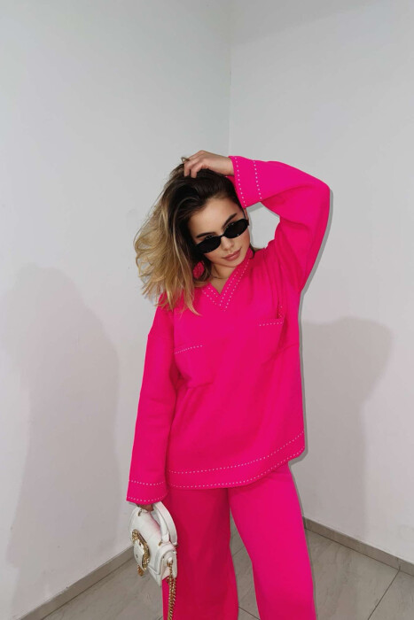 V NECK ONE COLOR WOMEN KNIT SET PINK/ROZE - 6