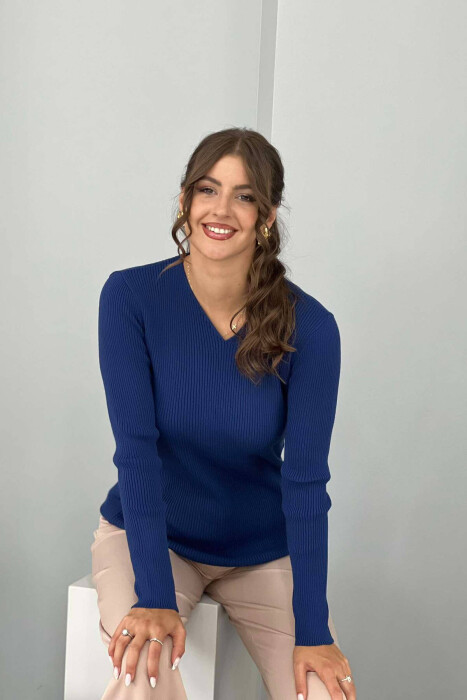 V NECK ONE COLOR WOMEN SWEATER BLUE/BLU - 3