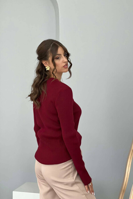 V NECK ONE COLOR WOMEN SWEATER BURGUNDY/VISHNJE - 4