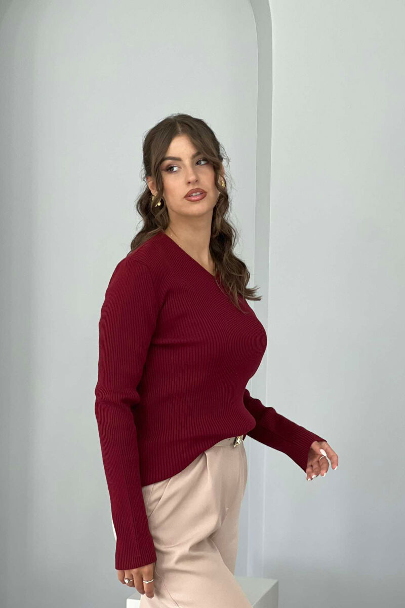 V NECK ONE COLOR WOMEN SWEATER BUYRDGUNDY/VISHNJE - 5