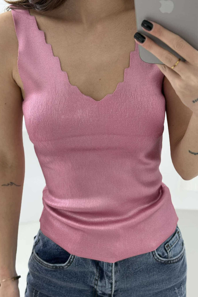 V NECK ONE COLOR WOMEN TANK TOP PINK/ROZE - 3