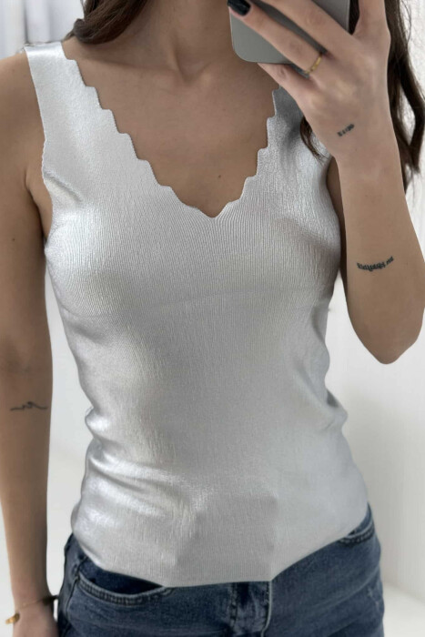 V NECK ONE COLOR WOMEN TANK TOP WHITE-E BARDHE - 2