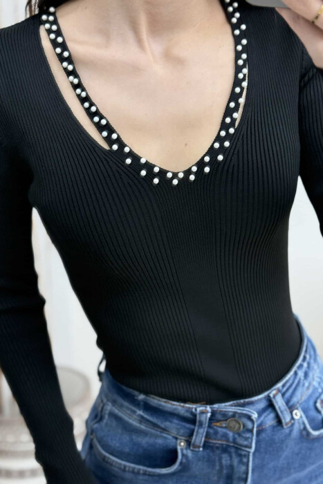 V NECK PEARL DETAILS ONE COLOR WOMEN SWEATER BLACK/ E ZEZE - 2
