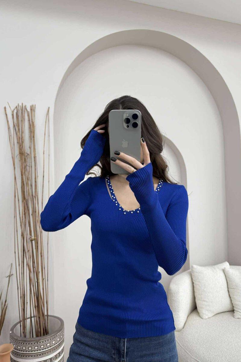V NECK PEARL DETAILS ONE COLOR WOMEN SWEATER BLUE/BLU - 1