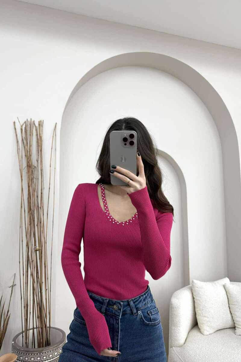 V NECK PEARL DETAILS ONE COLOR WOMEN SWEATER FUCHSIA/CIKLAMI - 1