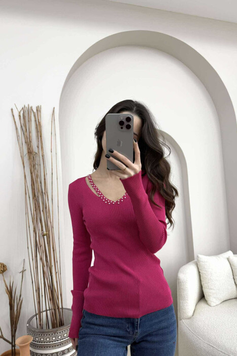 V NECK PEARL DETAILS ONE COLOR WOMEN SWEATER FUCHSIA/CIKLAMI - 2