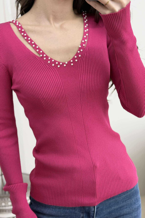 V NECK PEARL DETAILS ONE COLOR WOMEN SWEATER FUCHSIA/CIKLAMI - 3