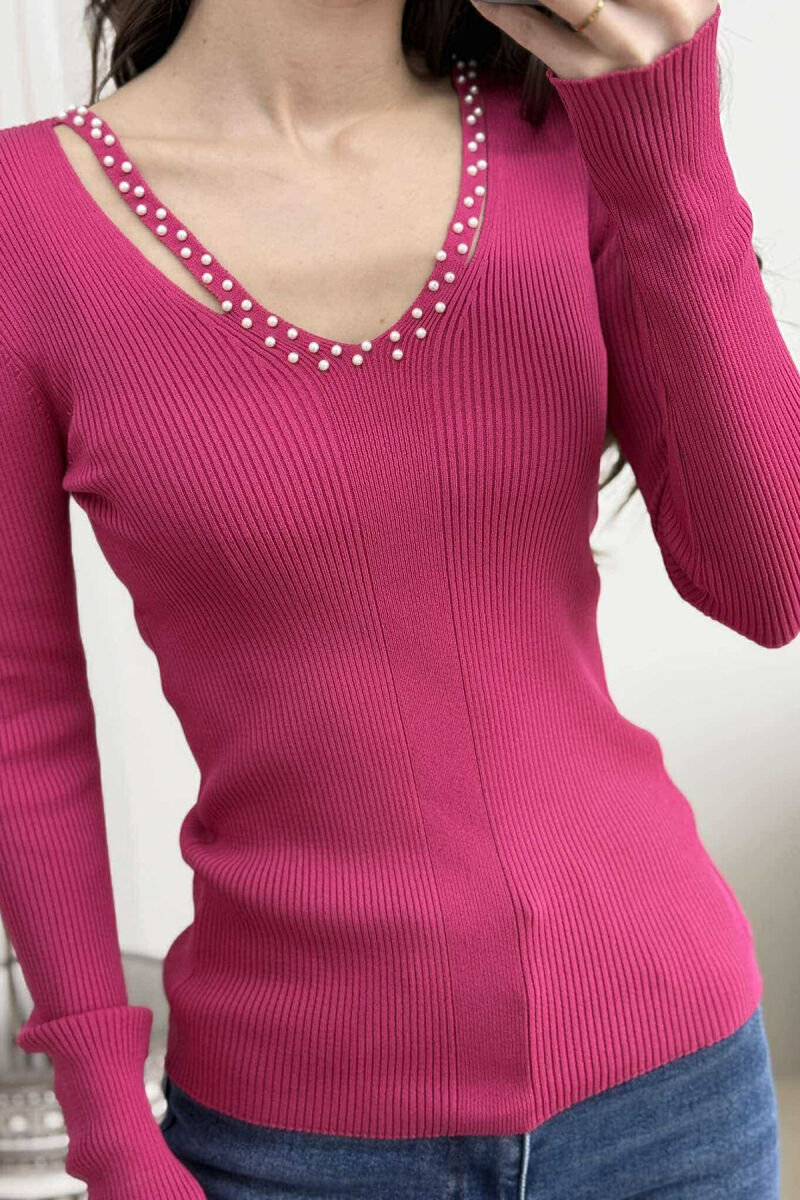 V NECK PEARL DETAILS ONE COLOR WOMEN SWEATER FUCHSIA/CIKLAMI - 3
