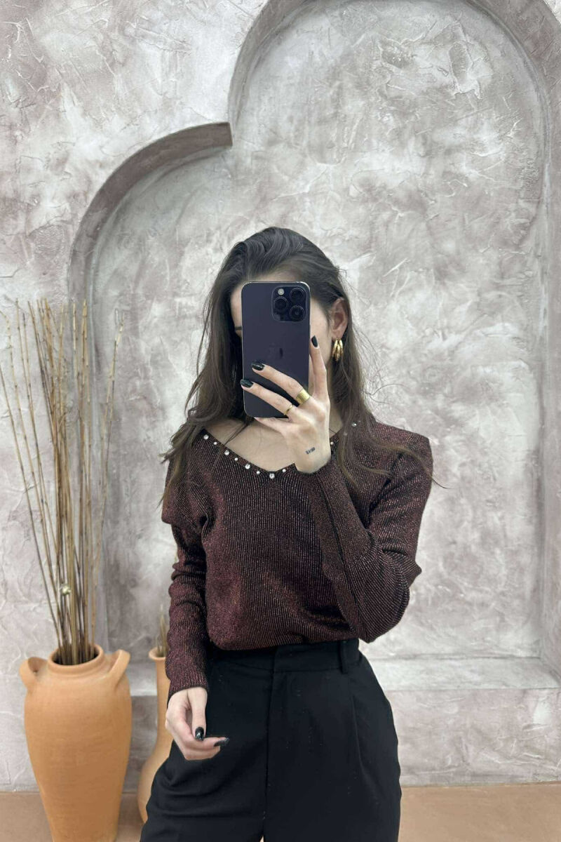 V NECK PEARL DETAILS WOMEN SWEATER BRONX/BRONX - 1