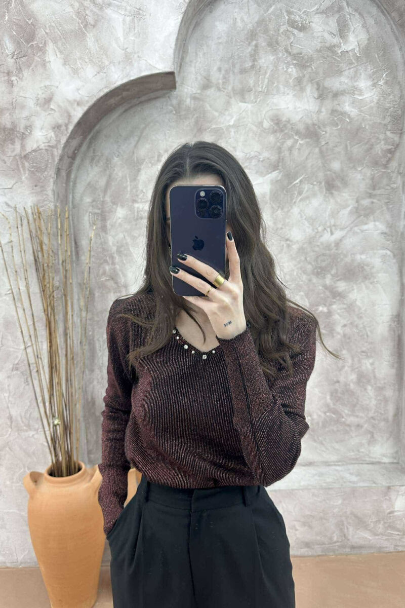 V NECK PEARL DETAILS WOMEN SWEATER BRONX/BRONX - 2