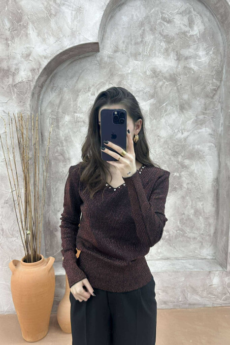 V NECK PEARL DETAILS WOMEN SWEATER BRONX/BRONX - 3