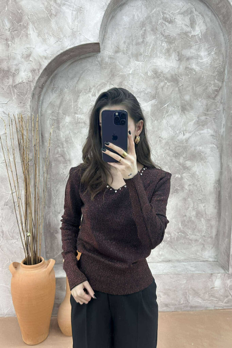 V NECK PEARL DETAILS WOMEN SWEATER BRONX/BRONX - 3