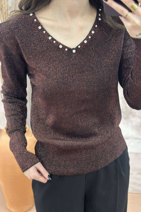 V NECK PEARL DETAILS WOMEN SWEATER BRONX/BRONX - 4