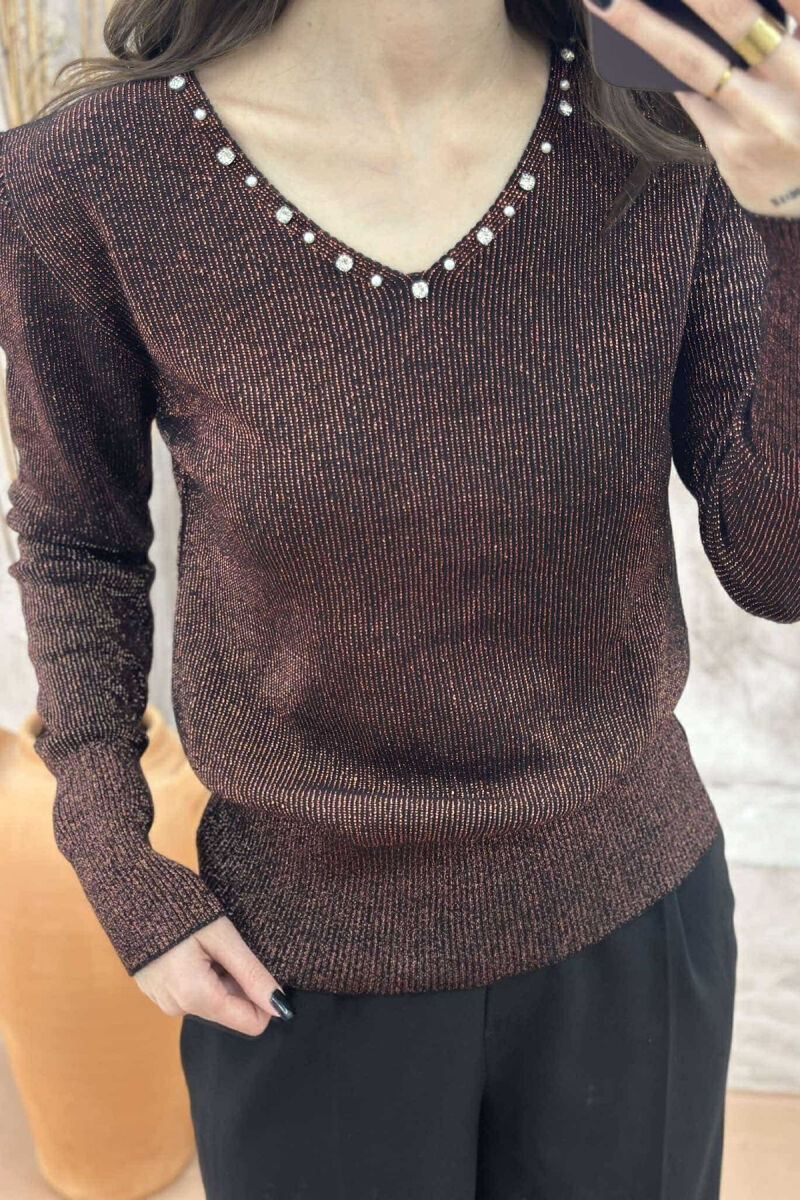 V NECK PEARL DETAILS WOMEN SWEATER BRONX/BRONX - 4