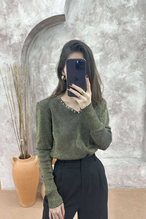V NECK PEARL DETAILS WOMEN SWEATER OLIVE/ULLI 