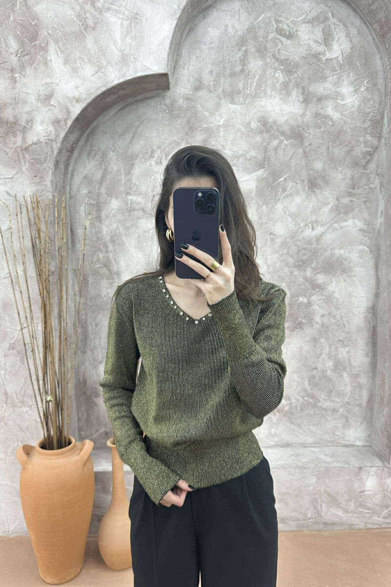 V NECK PEARL DETAILS WOMEN SWEATER OLIVE/ULLI - 2