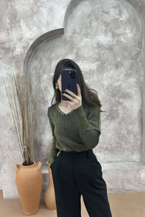 V NECK PEARL DETAILS WOMEN SWEATER OLIVE/ULLI - 3