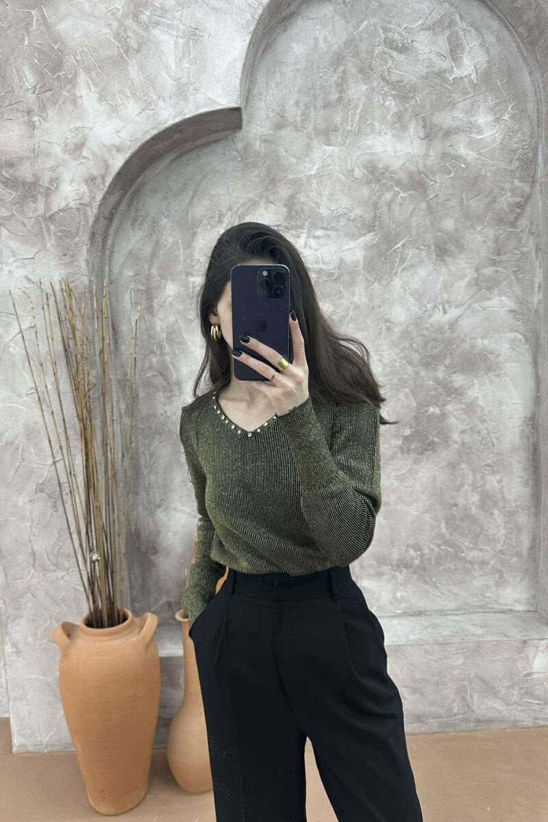 V NECK PEARL DETAILS WOMEN SWEATER OLIVE/ULLI - 3
