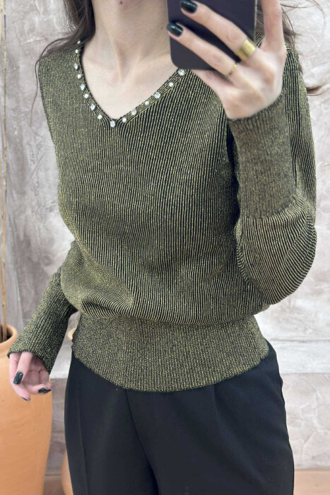 V NECK PEARL DETAILS WOMEN SWEATER OLIVE/ULLI - 4