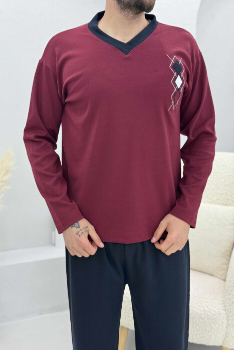 V NECK RHOMBUS LOGO SWEATSHIRT+SWEATPANTS MEN PYJAMAS BURGUNDY/VISHNJE - 2
