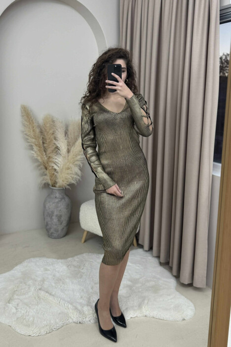 V NECK RIBBED SLEEVE WOMEN DRESS GOLDEN ROD/GOLD - KLAUDIO FASHION