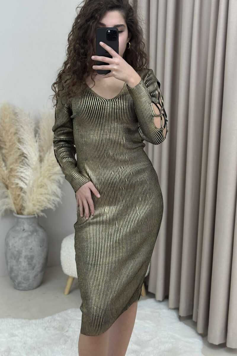 V NECK RIBBED SLEEVE WOMEN DRESS GOLDEN ROD/GOLD - 4