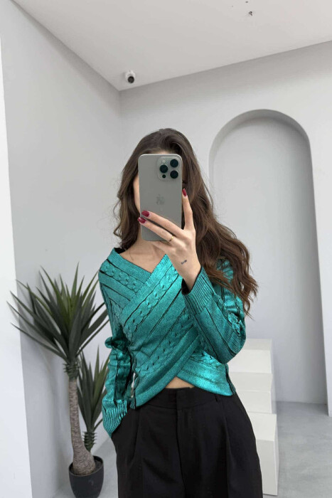 V NECK SHINY WOMEN SWEATER BLUE STONE/GK 