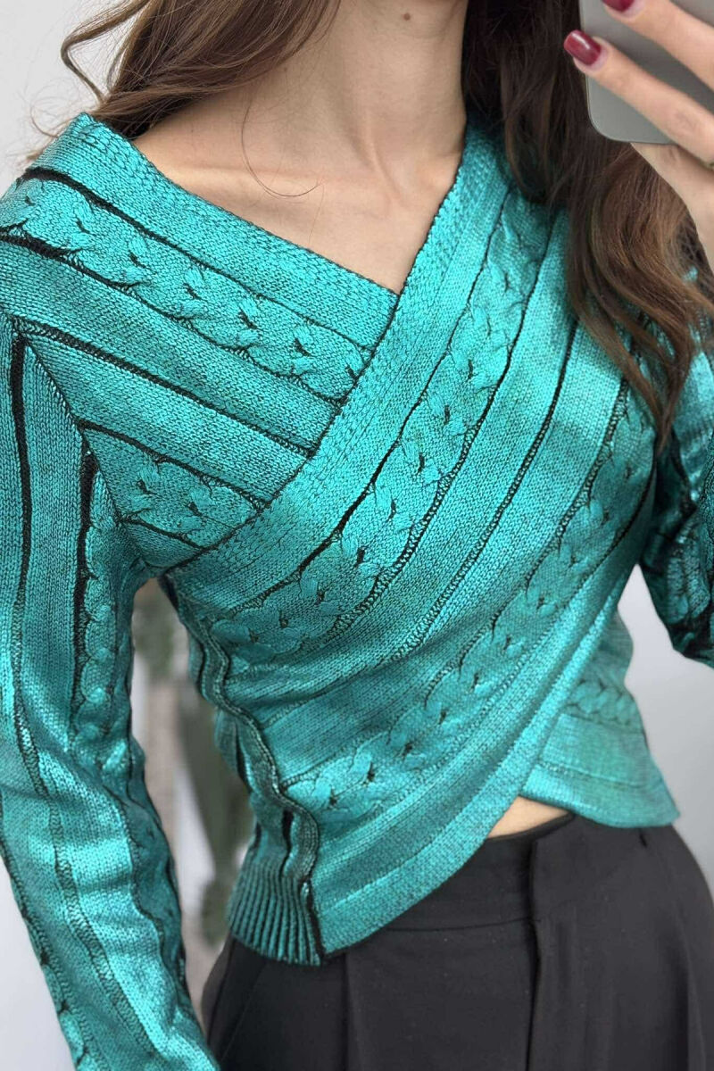 V NECK SHINY WOMEN SWEATER BLUE STONE/GK - 2