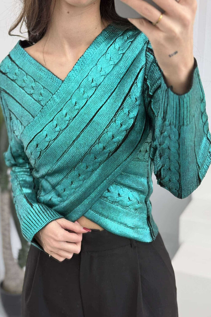 V NECK SHINY WOMEN SWEATER BLUE STONE/GK - 3