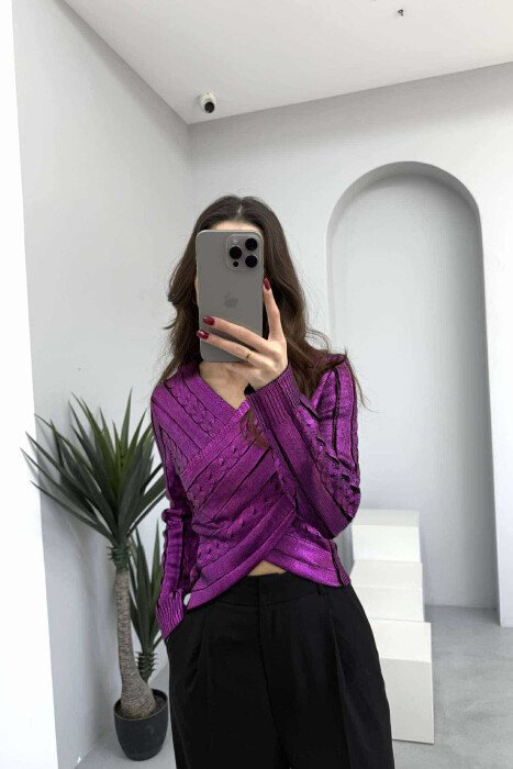 V NECK SHINY WOMEN SWEATER PURPLE/LEJLA 