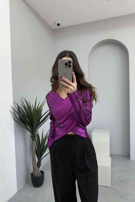 V NECK SHINY WOMEN SWEATER PURPLE/LEJLA - 2