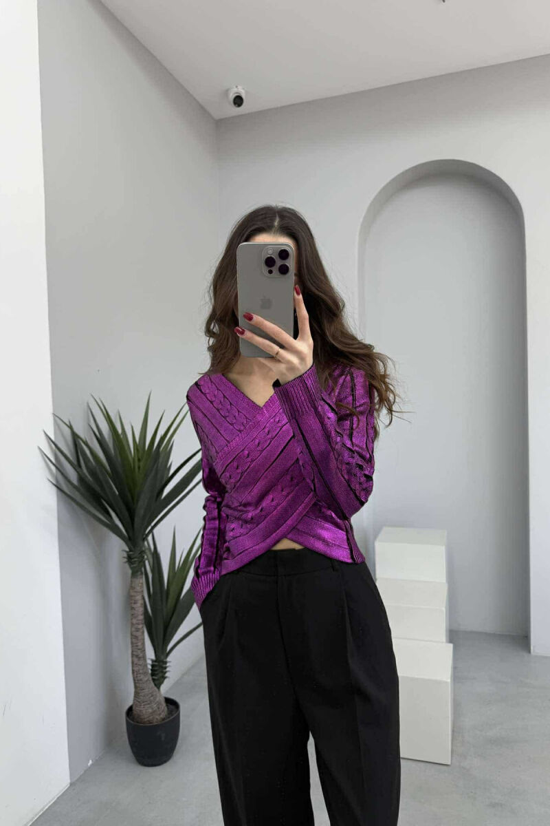 V NECK SHINY WOMEN SWEATER PURPLE/LEJLA - 2